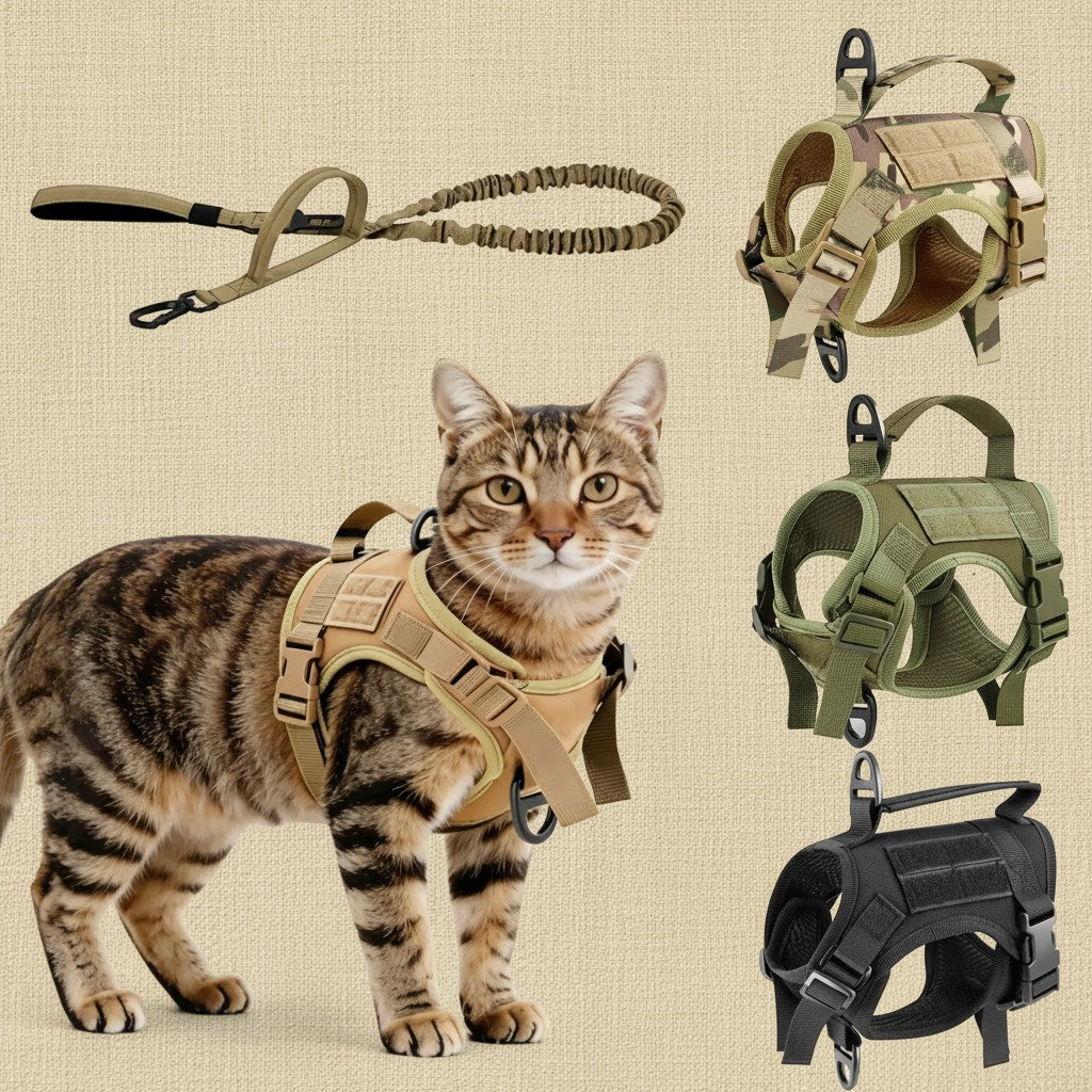 Mincy Pets tactical cat harness and leash set in various colors featuring adjustable nylon mesh and a sturdy handle.