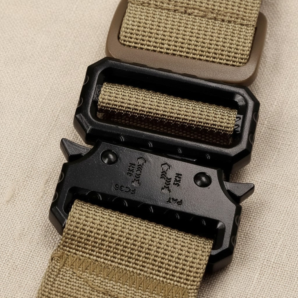 Mincy Pets heavy-duty tactical dog harness buckle made of durable black metal and tan nylon webbing