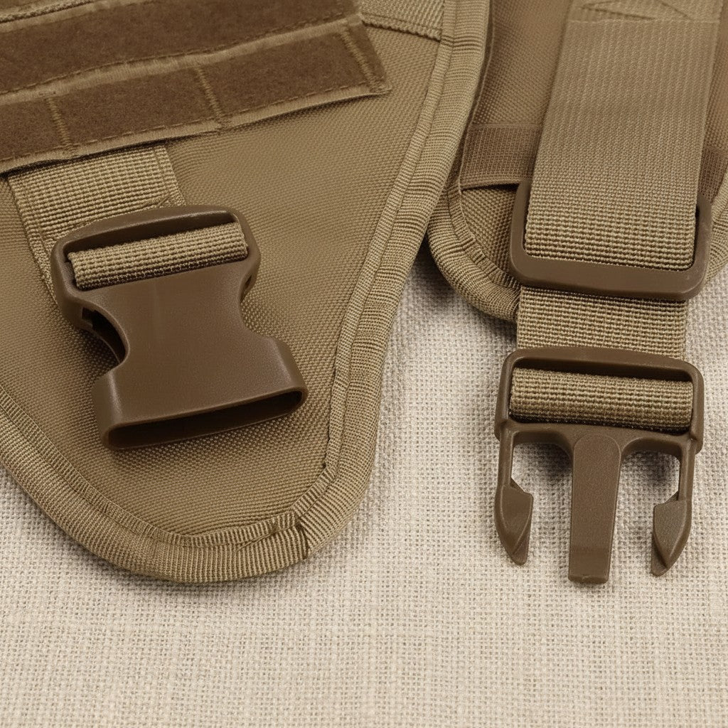 Mincy Pets tactical dog harness featuring durable brown nylon material with heavy-duty quick-release buckle closures