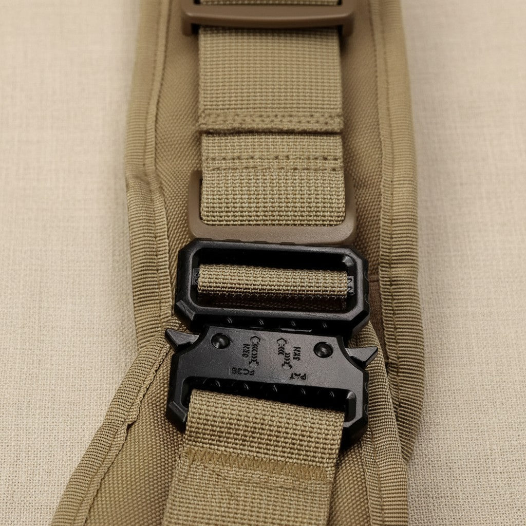 Mincy Pets tactical dog harness featuring a durable black metal quick-release buckle and tan nylon webbing straps.