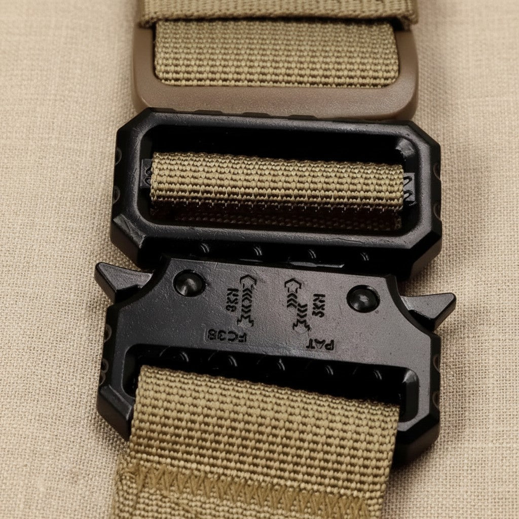 Mincy Pets heavy-duty tactical dog harness featuring a durable black metal quick-release buckle on tan nylon webbing
