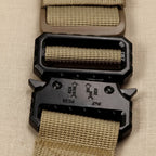 Mincy Pets heavy-duty tactical dog harness featuring a durable black metal quick-release buckle on tan nylon webbing