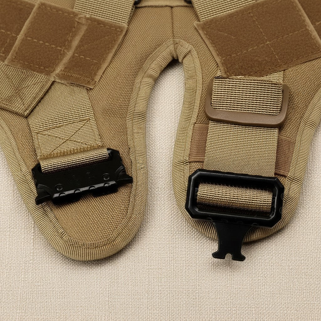 Mincy Pets tactical dog harness featuring durable tan nylon, heavy-duty metal buckles, and adjustable straps.