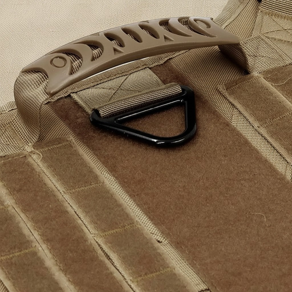 Mincy Pets tactical dog harness featuring a reinforced handle, metal D-ring leash attachment, and molle webbing.