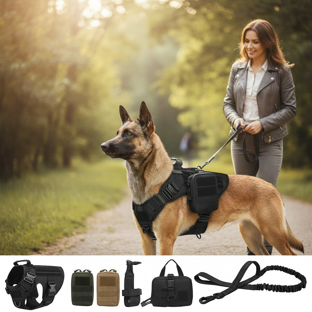 Mincy Pets tactical dog harness with molle pouches and leash on a German Shepherd during an outdoor walk