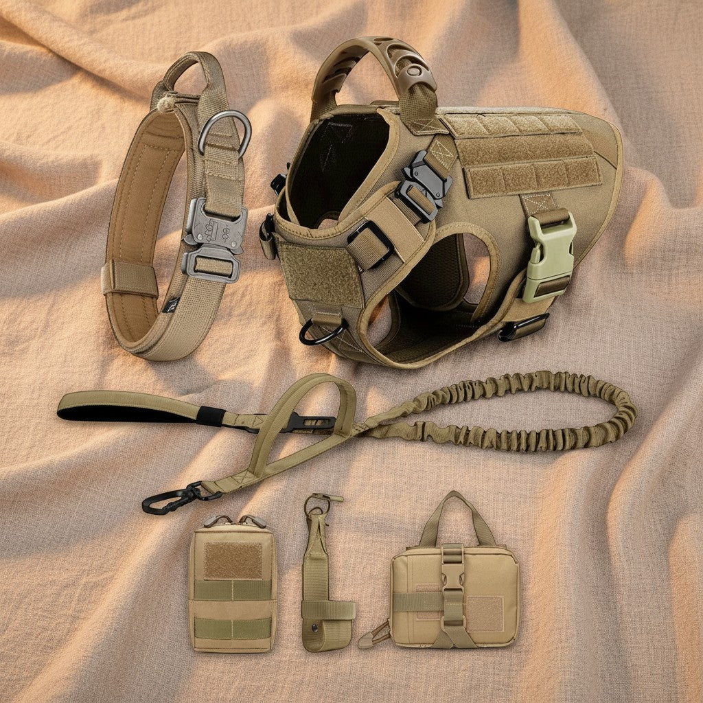Mincy Pets tactical dog harness, collar, leash, and molle pouches set in tan 1050D nylon with heavy-duty buckles.