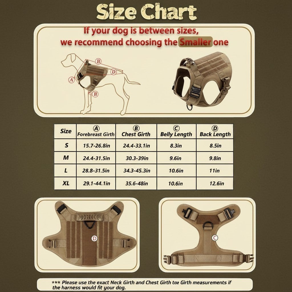 Mincy Pets tactical dog harness size chart showing measurement points and dimensions for S to XL sizes in tan nylon