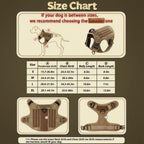 Mincy Pets tactical dog harness size chart showing measurement points and dimensions for S to XL sizes in tan nylon