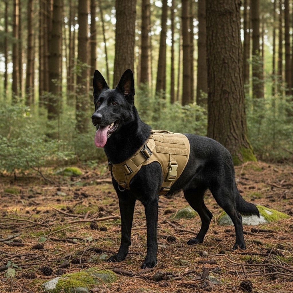 Mincy Pets tactical dog harness in tan worn by a black German Shepherd in a forest setting