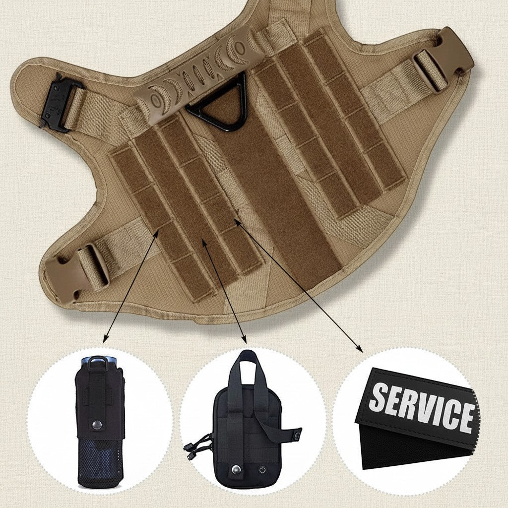 Mincy Pets tactical dog harness in tan nylon with Molle system, top handle, and attachment points for gear and patches