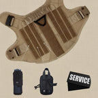 Mincy Pets tactical dog harness in tan nylon with Molle system, pouches, and service patch for large dogs