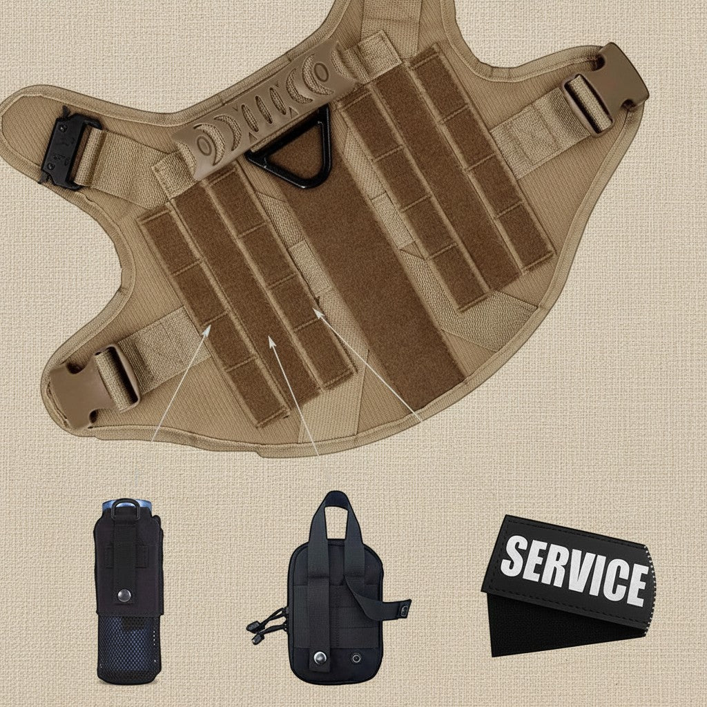 Mincy Pets tactical dog harness in tan nylon with Molle system, pouches, and service patch for large dogs