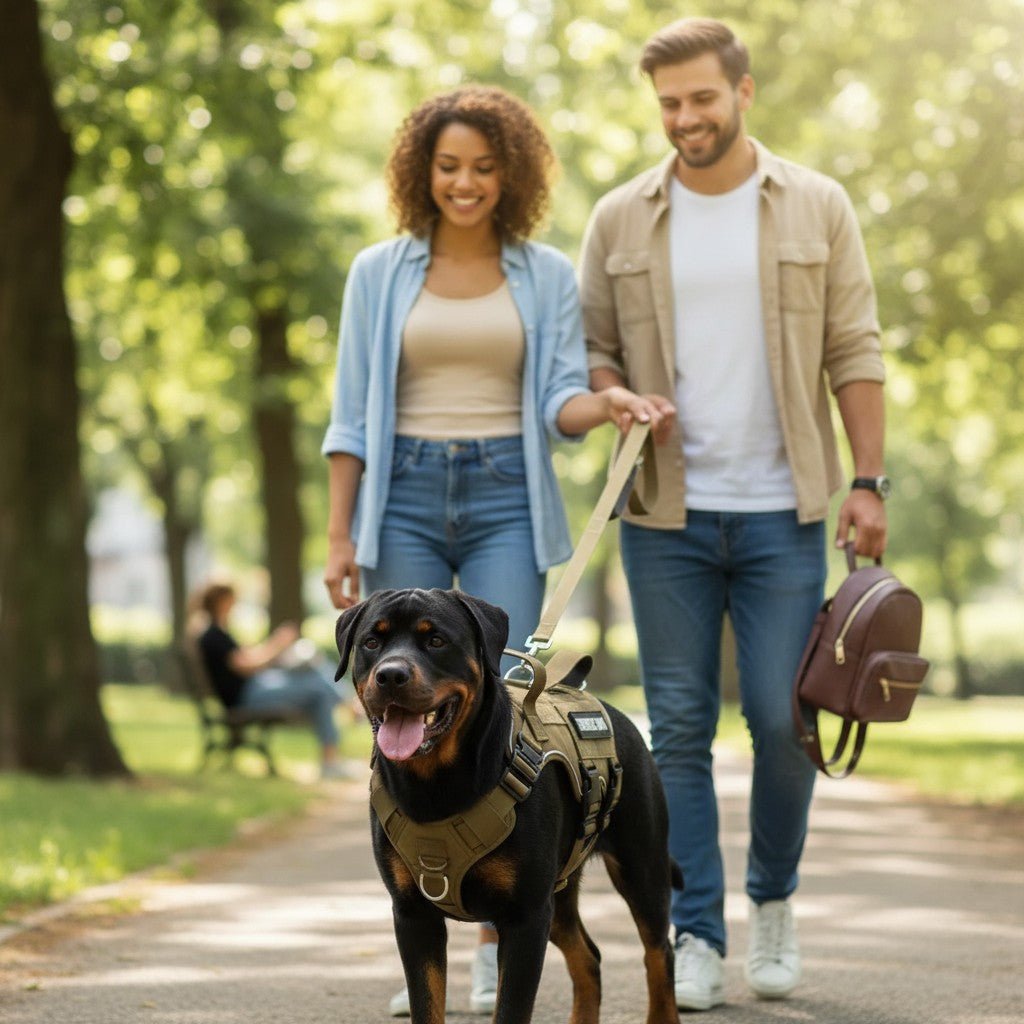 Mincy Pets tactical service dog harness in tan on a Rottweiler walking in a park with a couple