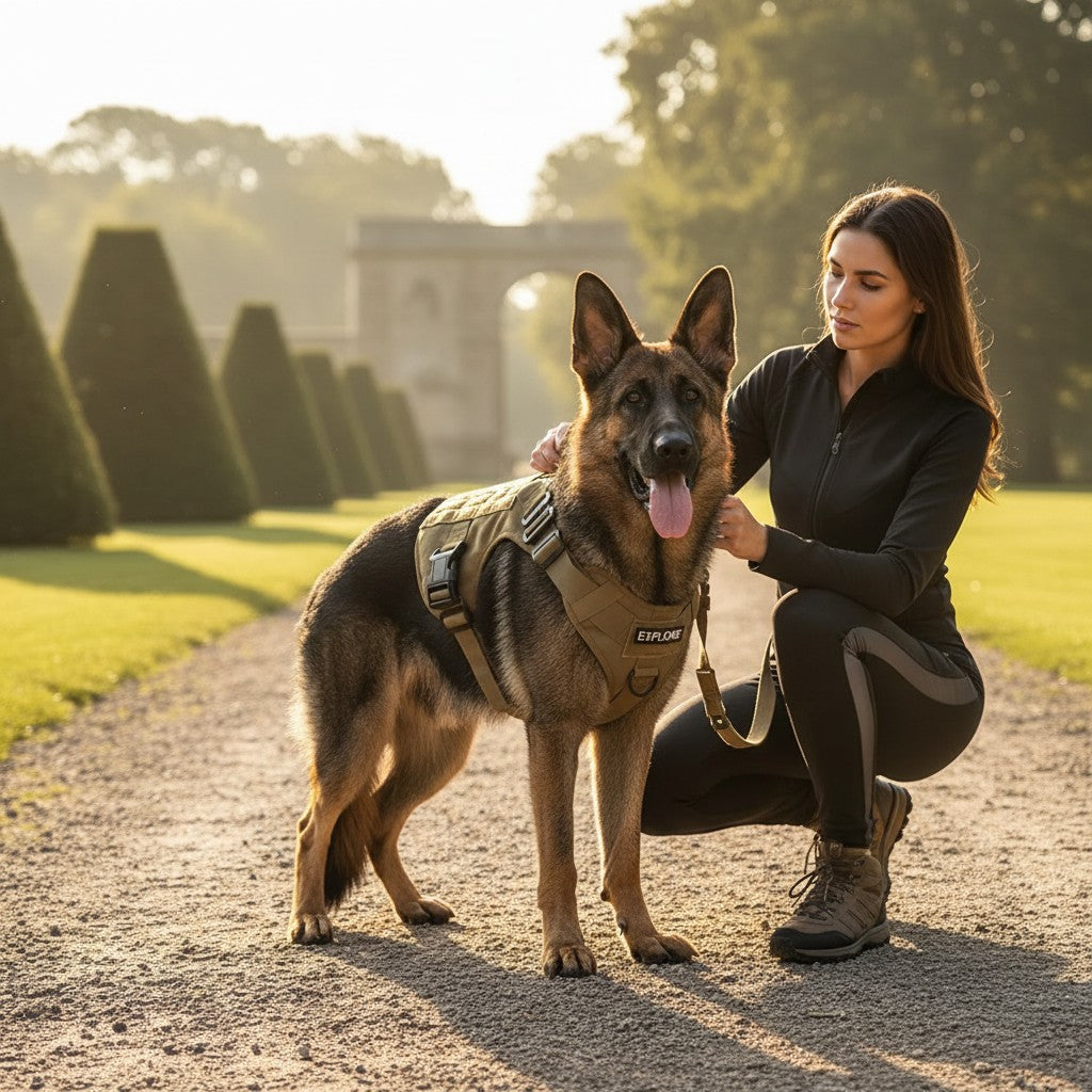 Mincy Pets tactical dog harness on a German Shepherd, featuring durable nylon, metal buckles, and Molle attachments.
