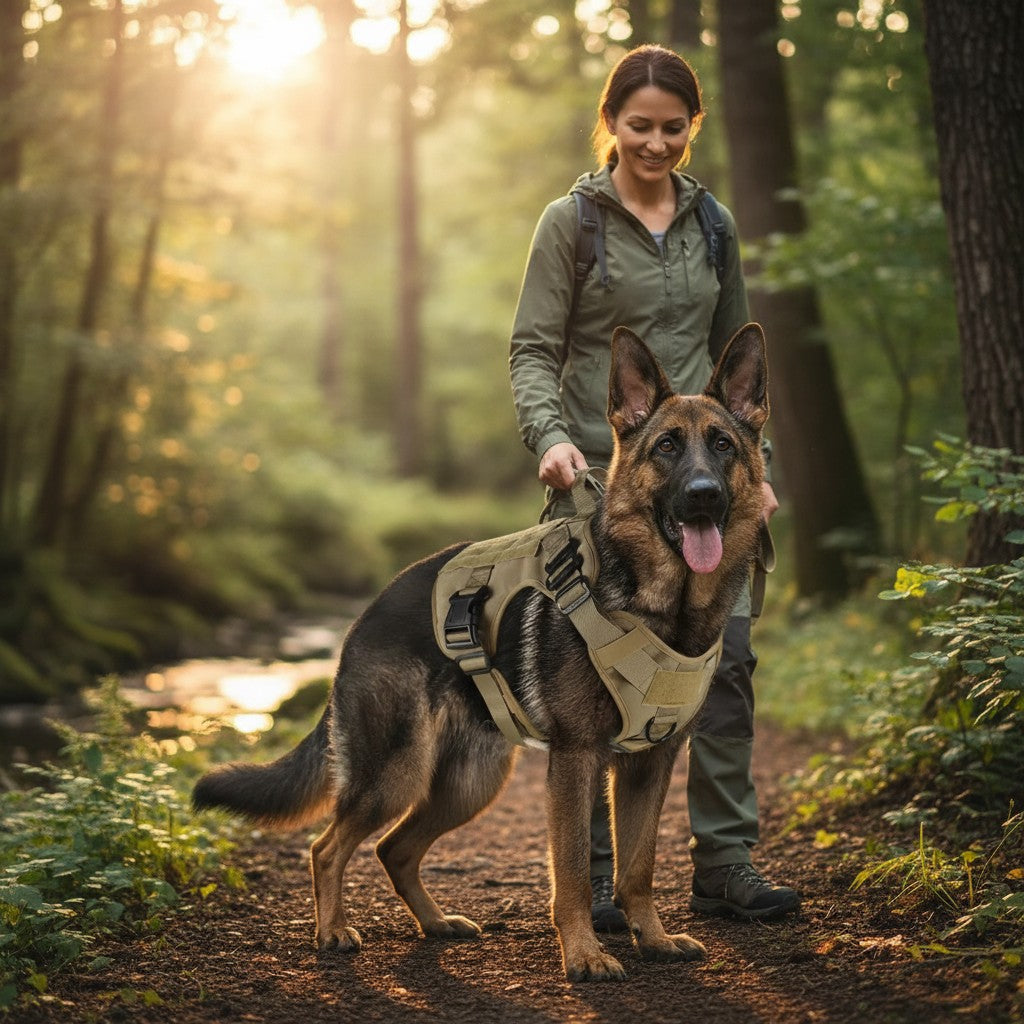 Mincy Pets tactical dog harness on a German Shepherd during a forest hike with its owner