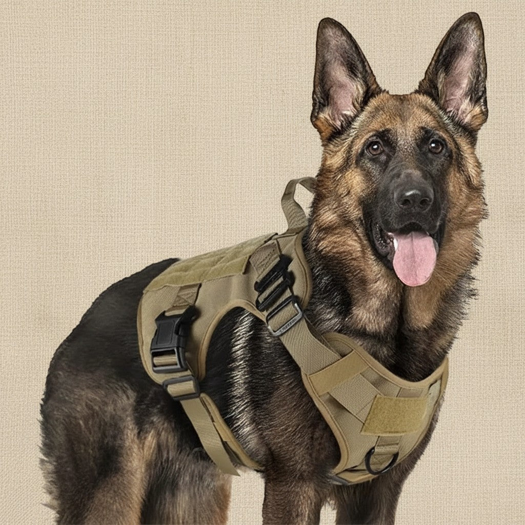 Mincy Pets heavy duty tactical dog harness in tan nylon worn by a German Shepherd for training and outdoor walking