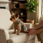 A small dog wearing a tan Mincy Pets tactical harness sitting on a beige armchair while a person adjusts the strap.