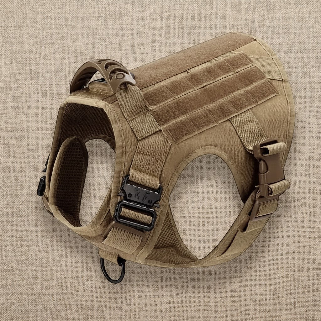 Mincy Pets tactical dog harness in tan nylon with MOLLE webbing, metal buckles, and a reinforced top handle.