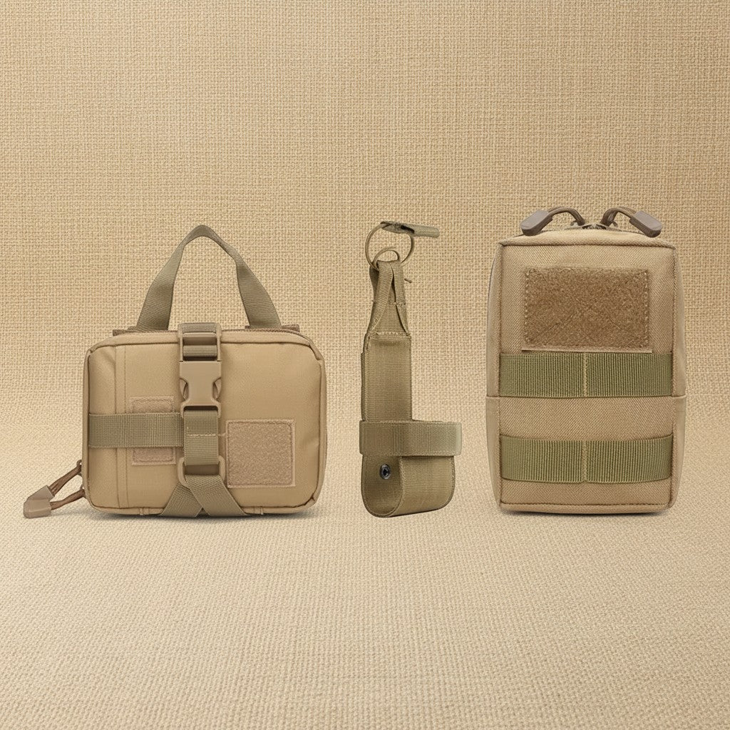 Mincy Pets tactical dog gear set in tan nylon, featuring two MOLLE utility pouches and a belt attachment accessory.