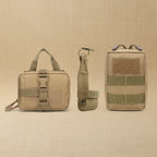 Mincy Pets tactical dog gear set in tan nylon, featuring two MOLLE utility pouches and a belt attachment accessory.