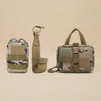 Mincy Pets tactical dog harness accessory set in camouflage nylon with MOLLE pouches and utility belt attachment