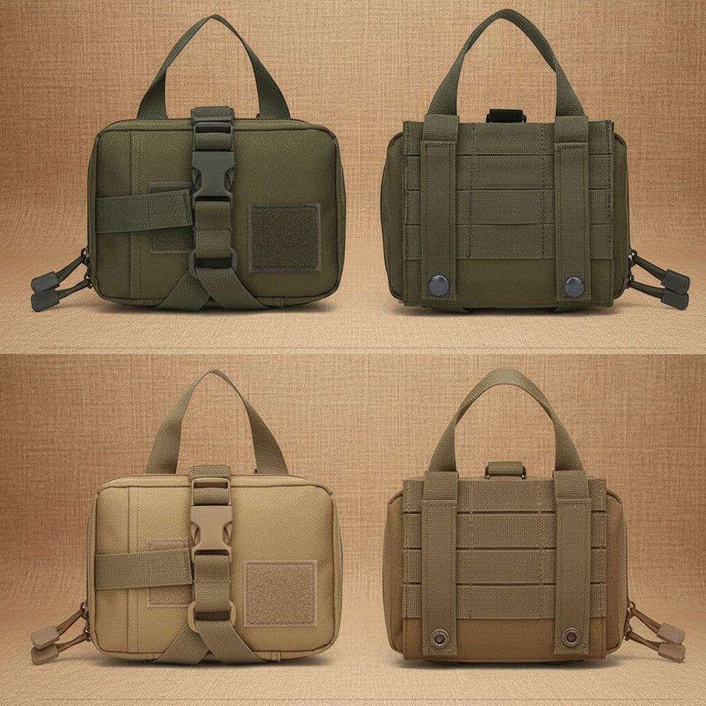 Mincy Pets tactical dog harness pouches in olive green and tan, featuring durable nylon construction and MOLLE system.