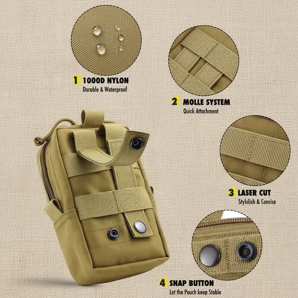 Mincy Pets tactical nylon MOLLE pouch featuring laser-cut webbing, snap buttons, and a durable waterproof design.