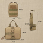 Mincy Pets tactical molle pouches and water bottle holder set in tan nylon with dimensions for dog harness gear