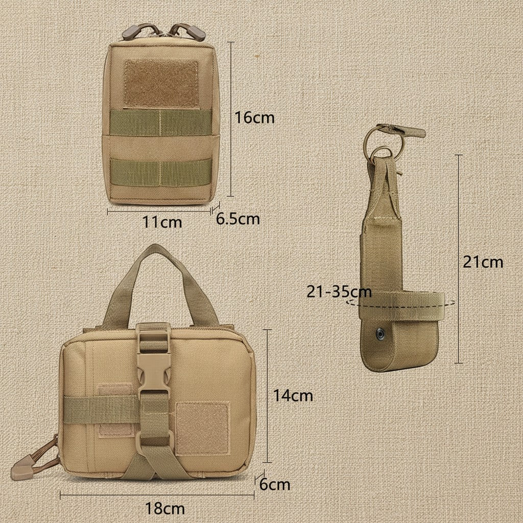 Mincy Pets tactical molle pouches and water bottle holder set in tan nylon with dimensions for dog harness gear