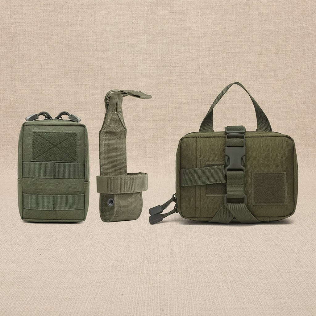 Mincy Pets olive green nylon tactical MOLLE pouches and belt attachment set for dog harnesses and outdoor gear