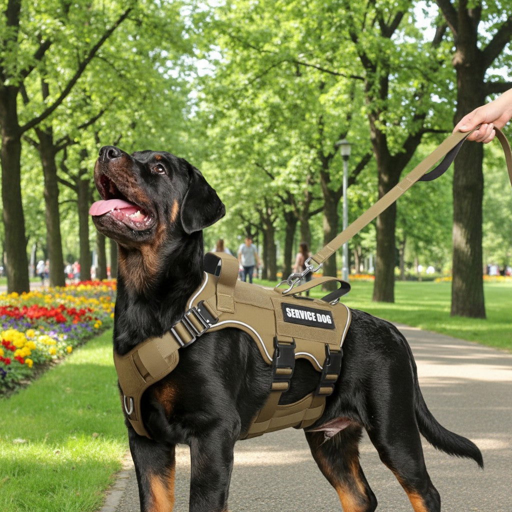 Mincy Pets tactical service dog harness in tan with metal buckles and matching leash on a black dog in a park