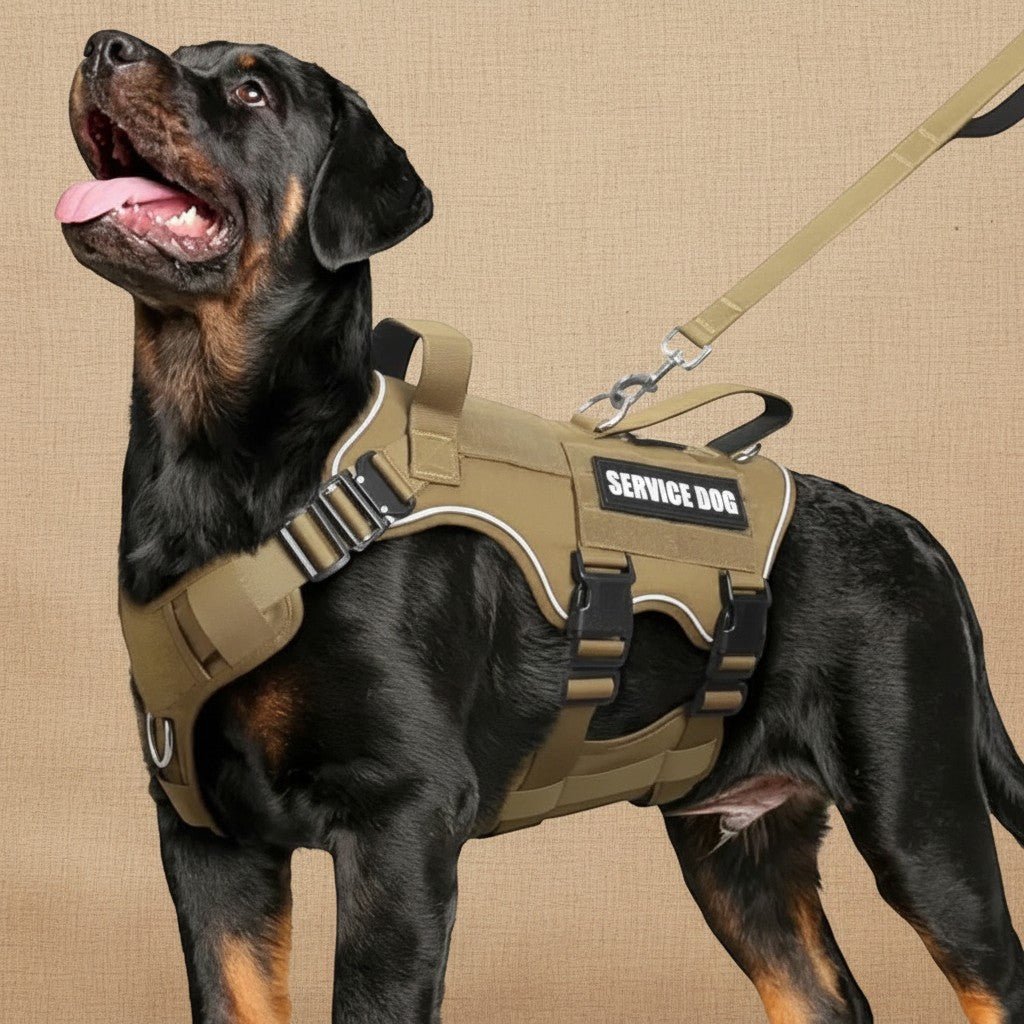 Mincy Pets heavy duty tactical service dog harness in tan with metal buckles and matching leash on a black dog