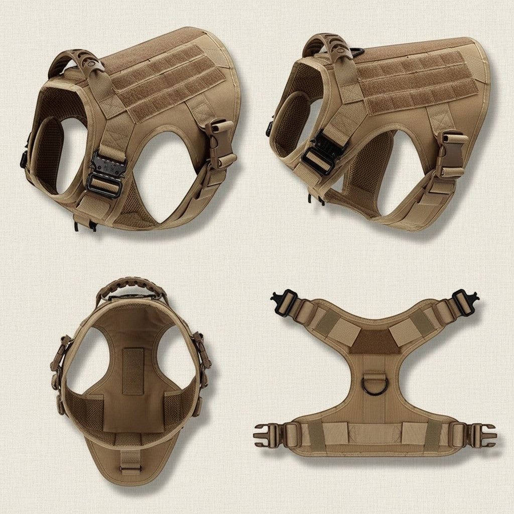 Mincy Pets tactical dog harness in tan nylon with molle webbing, metal buckles, and adjustable straps for large dogs
