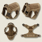 Mincy Pets tactical dog harness in tan nylon with molle webbing, metal buckles, and adjustable straps for large dogs