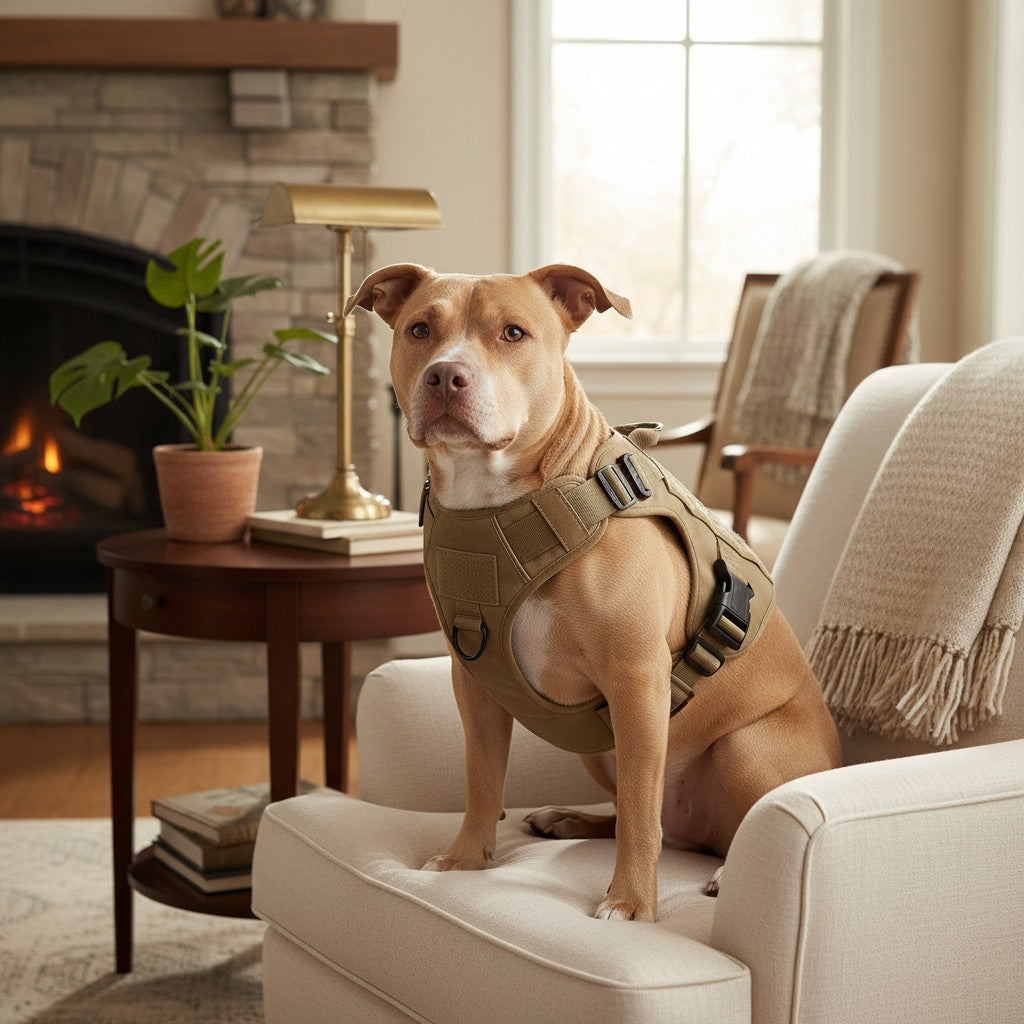 Mincy Pets heavy duty tan tactical dog harness on a dog sitting in a cozy living room with a fireplace