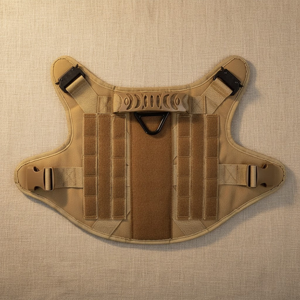 Mincy Pets tactical dog harness in tan nylon with MOLLE webbing, reinforced handle, and metal leash attachment point.