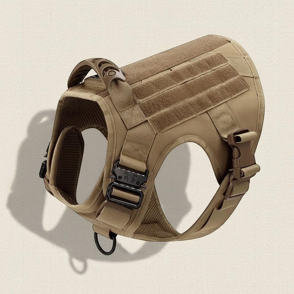 Mincy Pets tactical dog harness in tan nylon with MOLLE webbing, metal buckles, and a reinforced control handle.
