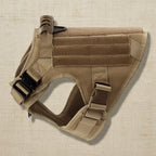 Mincy Pets tactical dog harness in tan nylon with Molle system, metal buckles, and adjustable straps for large dogs