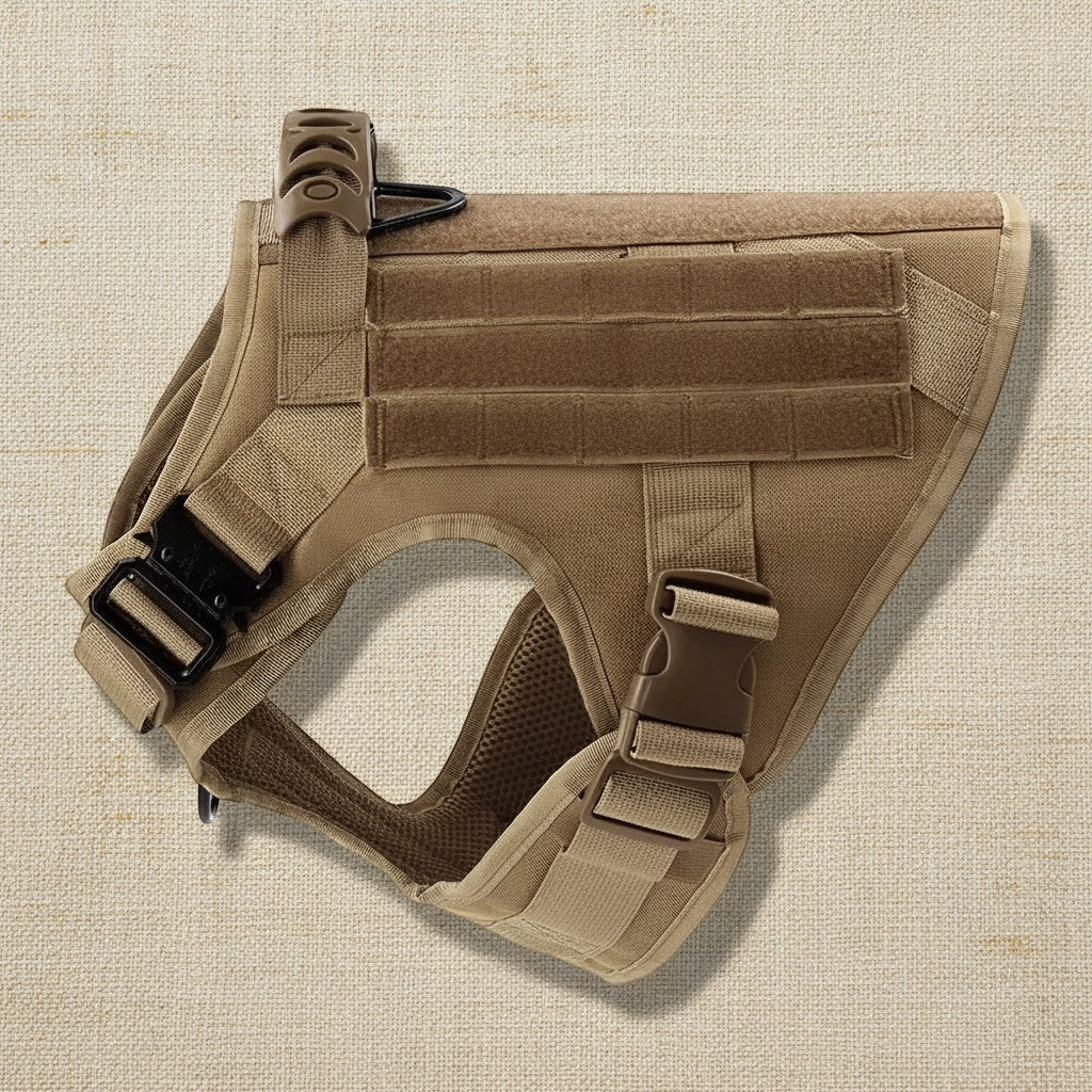 Mincy Pets tactical dog harness in tan nylon with Molle system, metal buckles, and adjustable straps for large dogs
