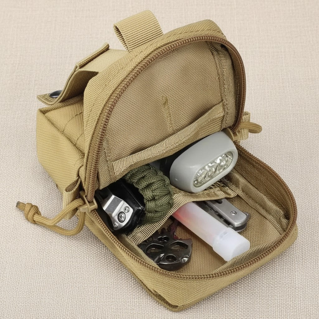 Mincy Pets tan nylon tactical MOLLE pouch open with internal compartments containing EDC tools and accessories