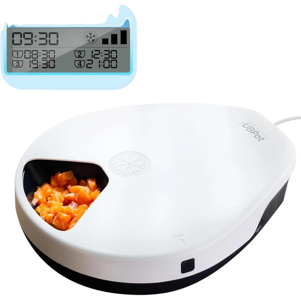Mincy Pets UBPET automatic cat feeder with cooling technology, white design, and digital timer for wet food portions.
