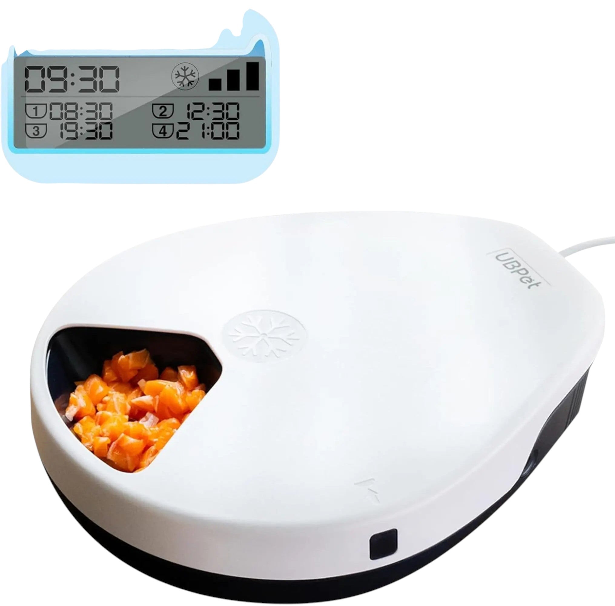 Mincy Pets UBPET automatic cat feeder with cooling technology, white design, and digital timer for wet food portions.