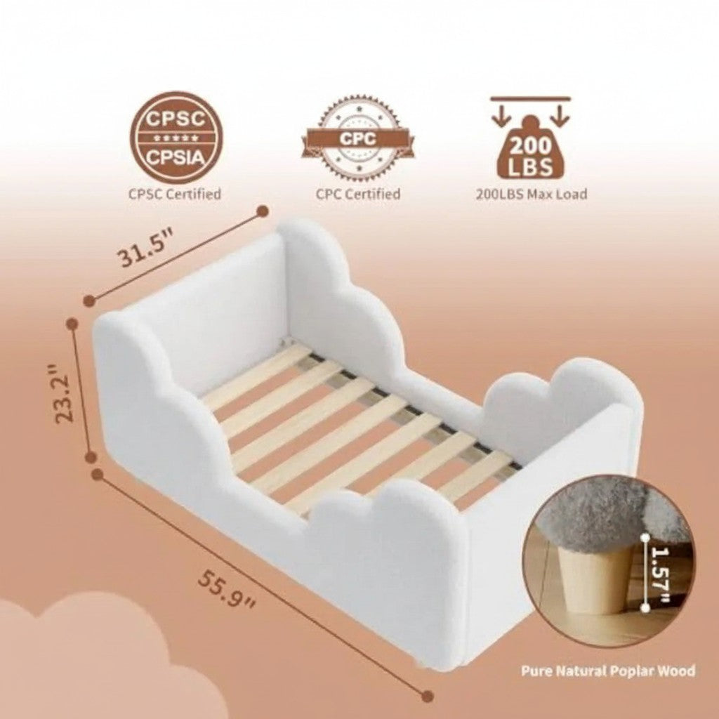 Mincy Pets white upholstered toddler floor bed with cloud-shaped headboard and natural poplar wood legs