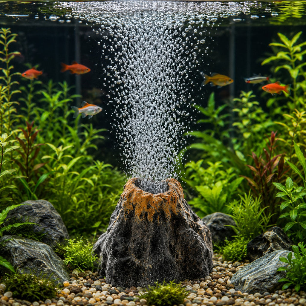 Mincy Pets volcano aquarium ornament with bubble aerator creating oxygen bubbles in a planted fish tank