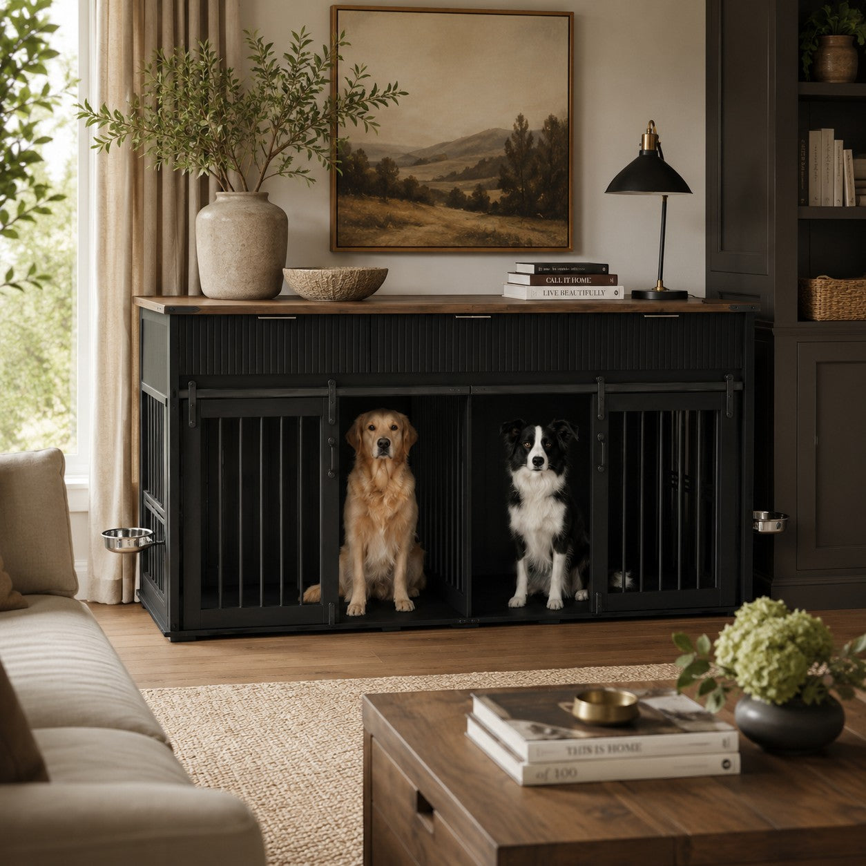 Mincy Pets walnut-tone double kennel console with black fluted drawers and two dogs sitting inside a living room.
