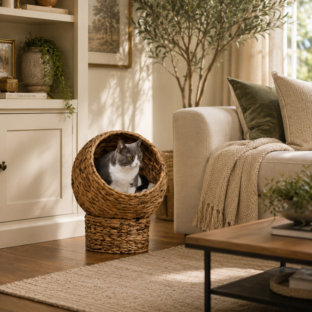Mincy Pets water hyacinth cat basket with a grey cat inside, featuring an elevated woven pod and soft cushion.
