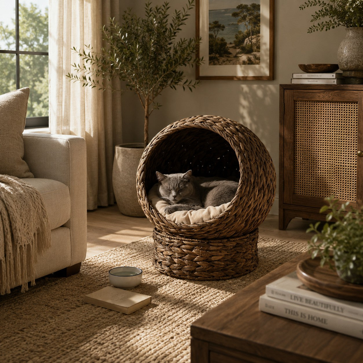 Mincy Pets handwoven water hyacinth cat bed with a grey cat sleeping inside on a soft cushion in a cozy living room.