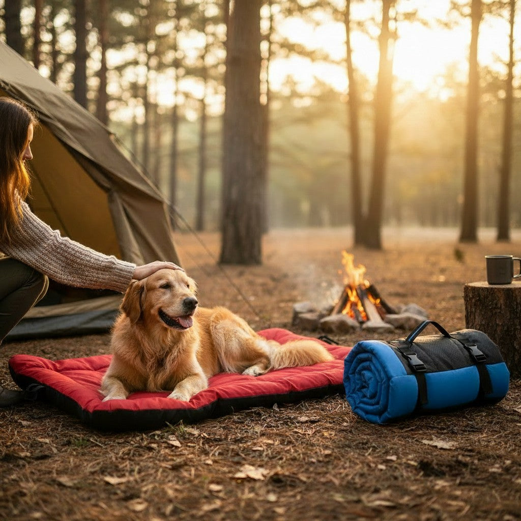 Mincy Pets waterproof roll-up dog sleeping pad in red, with a blue rolled version, used for outdoor camping.