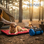 Mincy Pets waterproof dog travel mat in red, with a rolled-up blue version for camping trips in a forest setting.