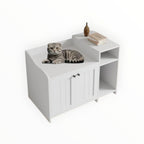 Mincy Pets white wooden cat litter box enclosure cabinet with side storage shelf and a cat resting on top